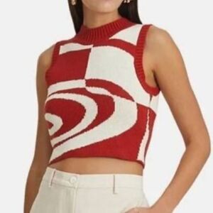 C/MEO Collective Red & Cream Cropped Sweater Top(Size Large)